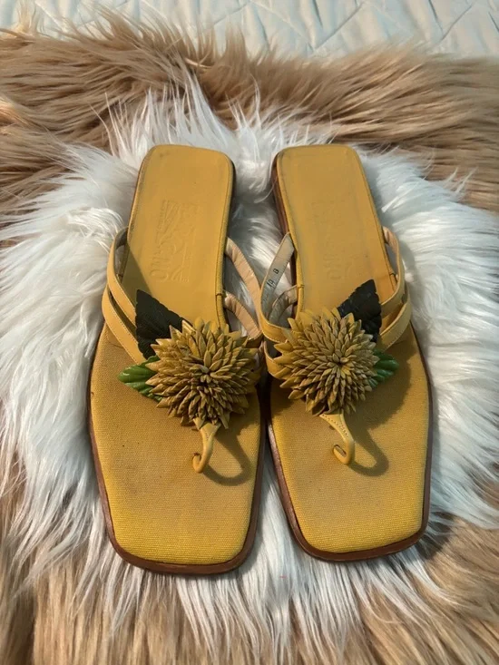 Salvatore Ferragamo Yellow Floral Toe-Post Sandals with Green Accents - Picture 1 of 6